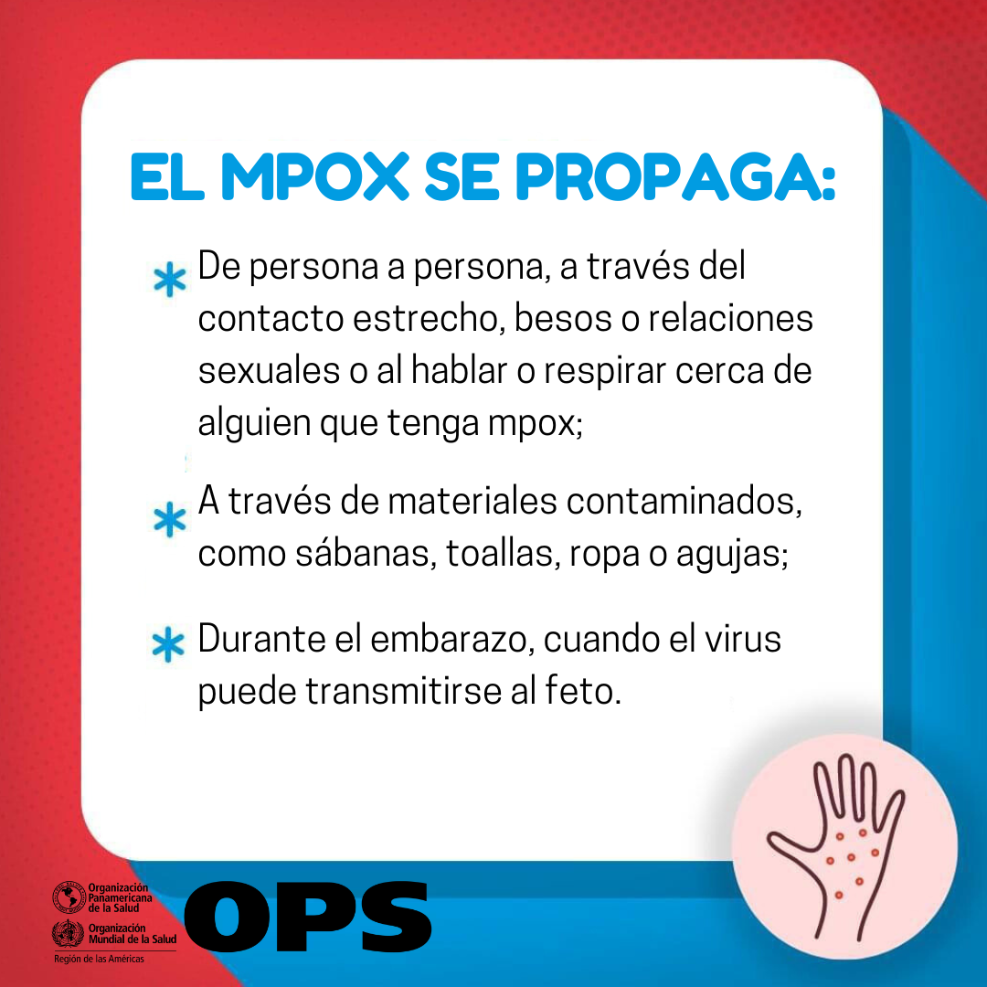 El mpox se propaga: de persona a persona, a través del contacto estrecho, besos o relaciones sexuales o al hablar o respirar cerca de alguien que tenga mpox; a través de materiales contamidandos, como sábanas, toallas, ropa o agujas; durante el embarazo, cuando el virus puede transmitirse al feto.