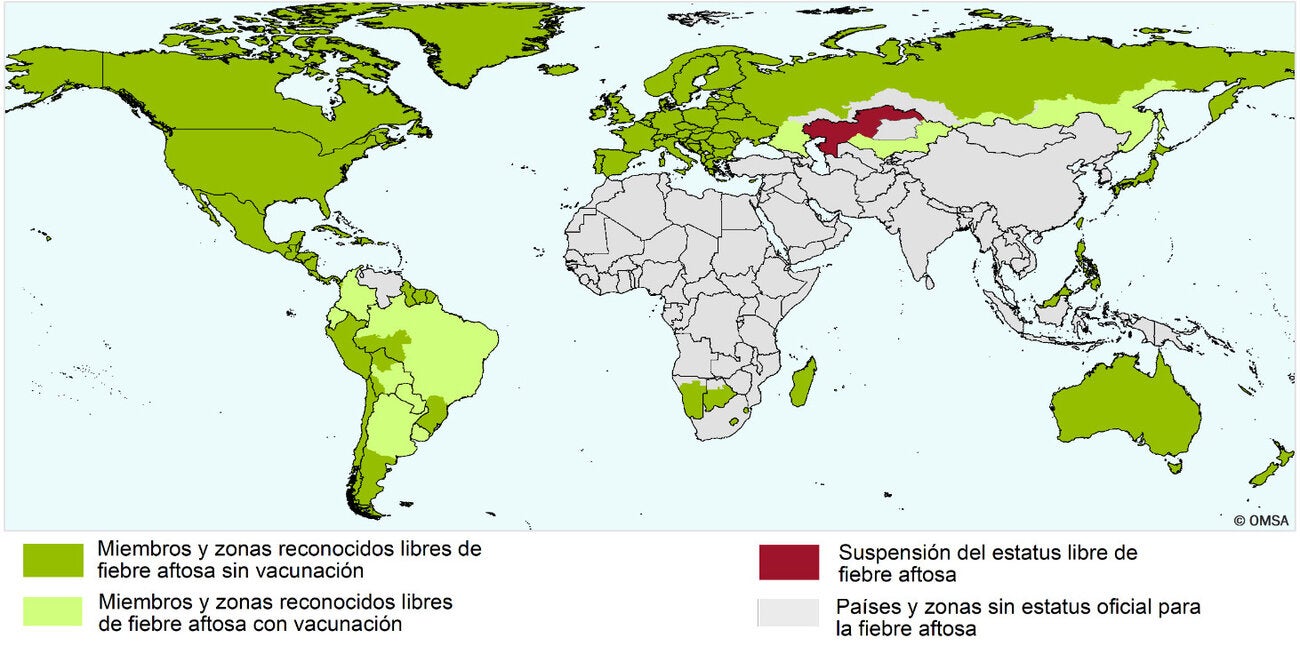 Mapa del estatus oficial de la fiebre aftosa de los miembros de OMSA