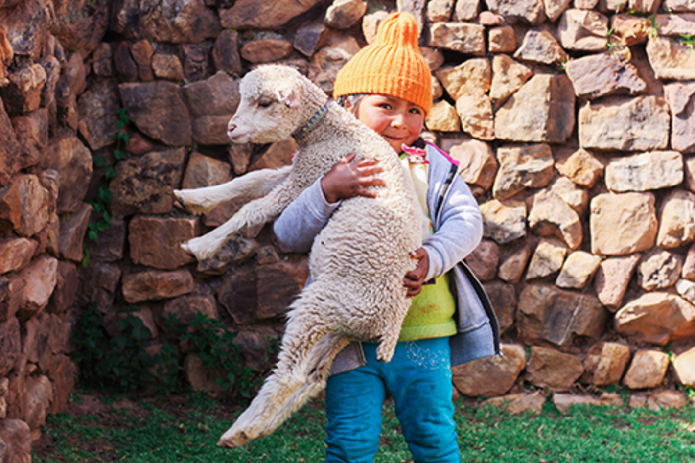 Niña latinoamericana con oveja