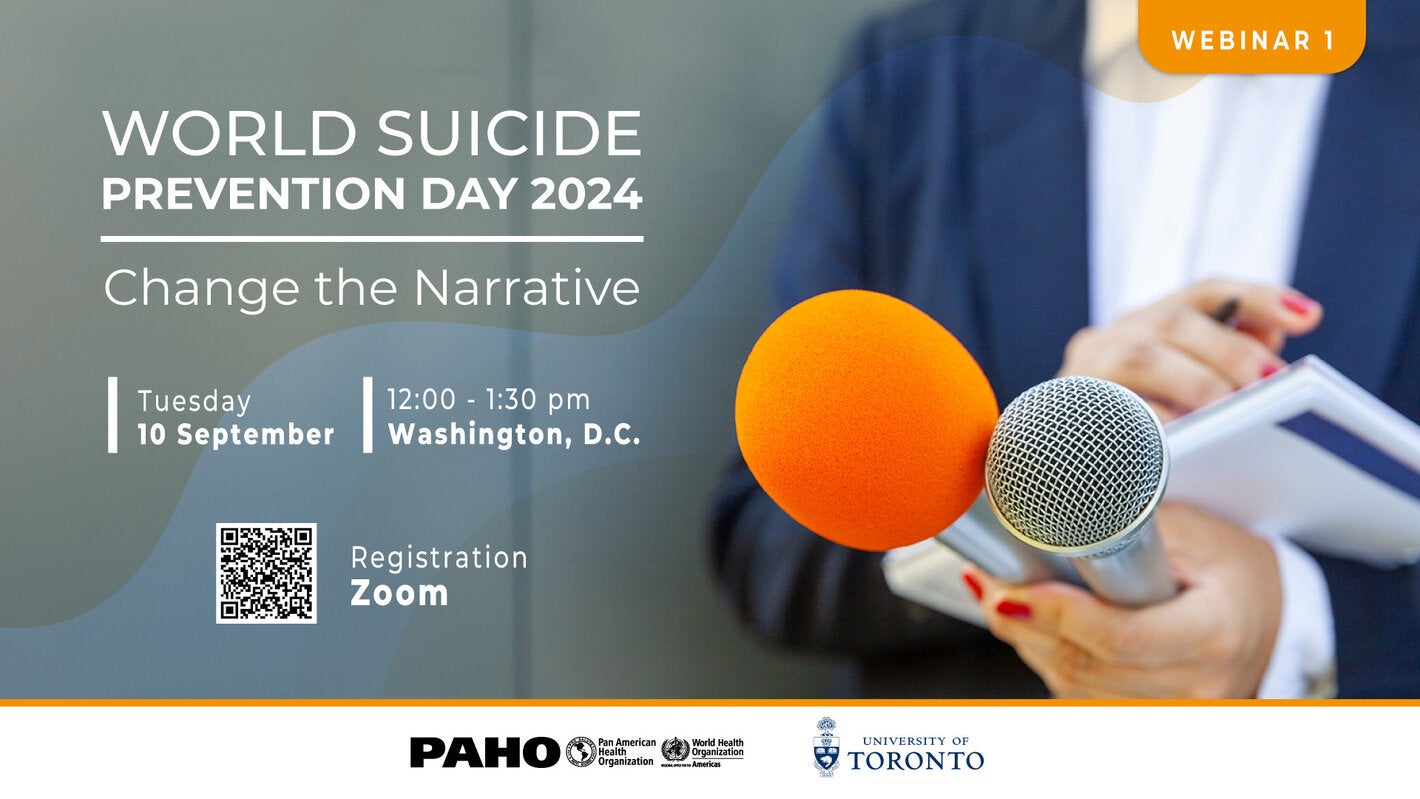 Photo of a journalist holding two microphones and a notepad. On the left, the text: World Suicide Prevention Day 2024. Change the narrative" and below the time and date