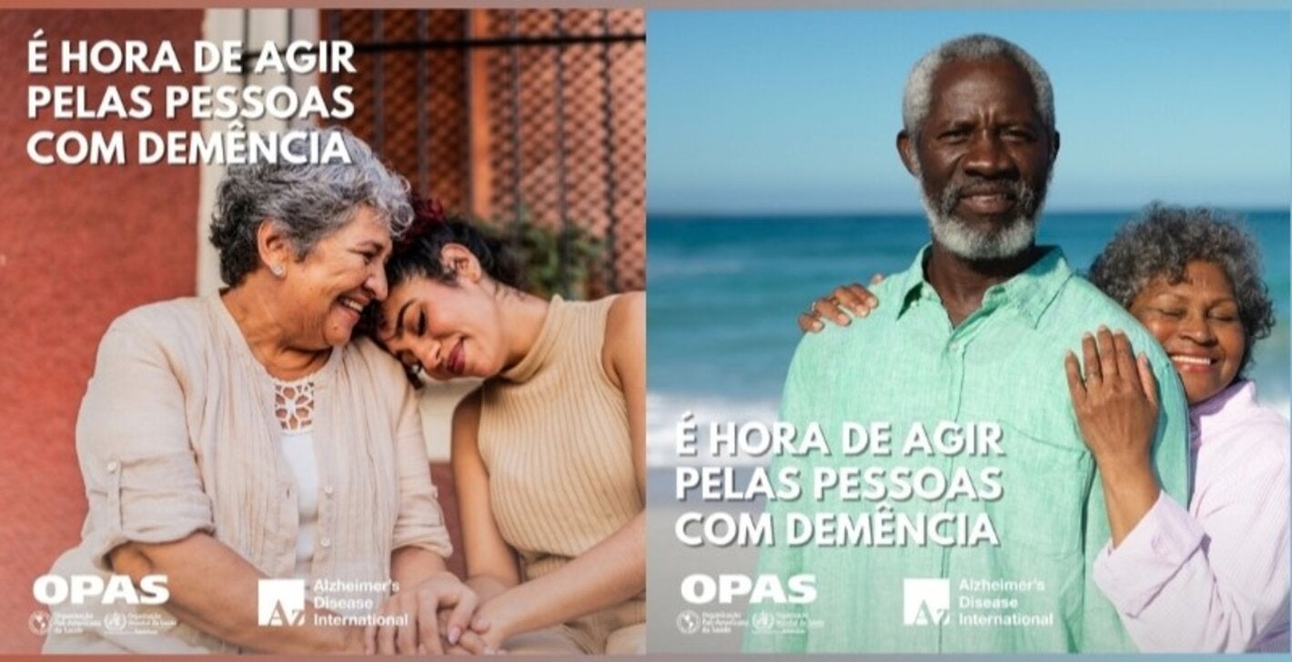 Imagens promocionais para a campanha 'É hora de agir pela demência', uma com uma mulher idosa acompanhada de uma mulher jovem sorrindo, e outra com um casal de idosos se abraçando na praia. Ambas as imagens incluem os logotipos da OPAS e da Alzheimer's Disease International.