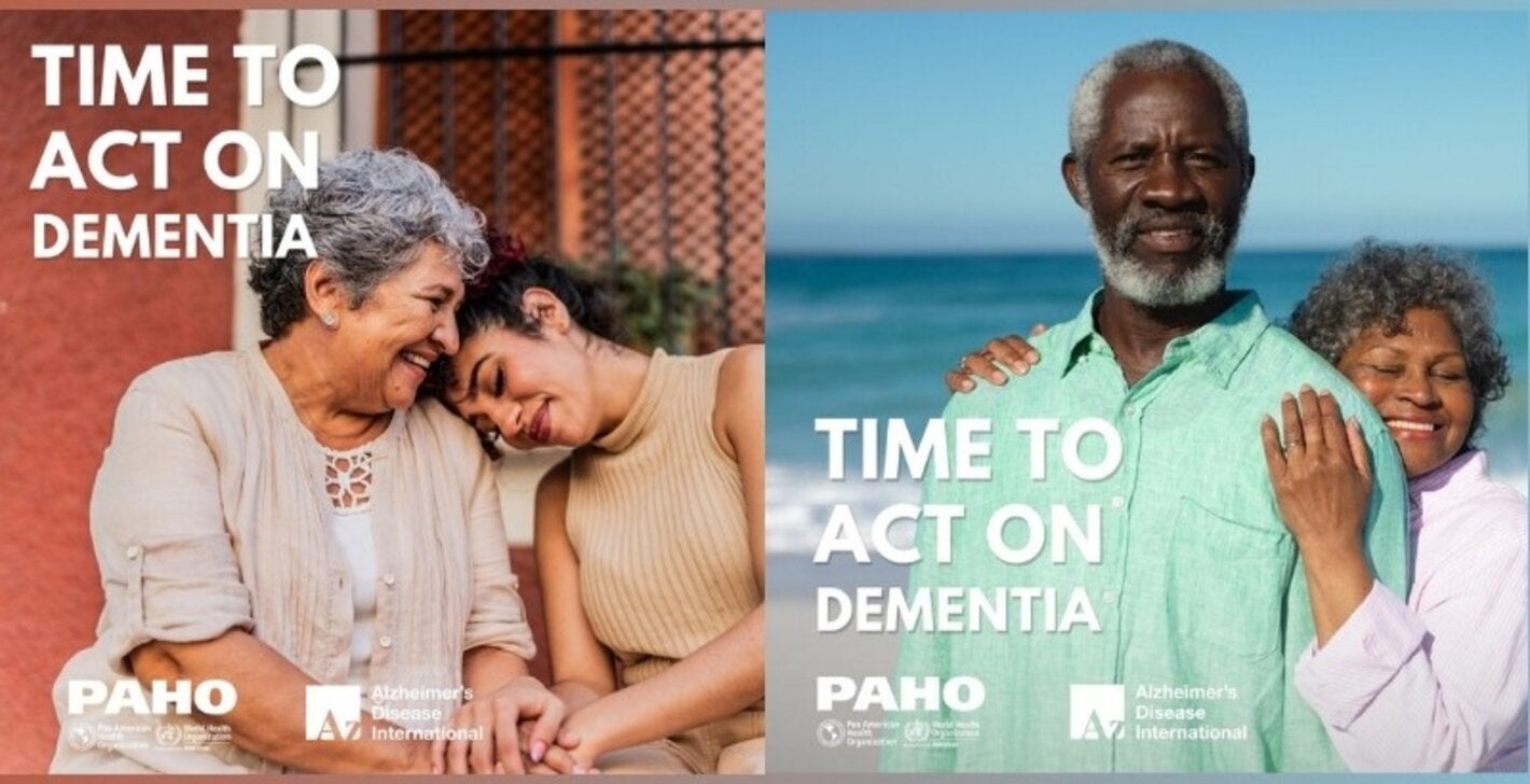 Promotional images for the campaign 'It's time to act for dementia,' one featuring an older woman accompanied by a young woman smiling, and another with an older couple hugging on the beach. Both images include the logos of PAHO and Alzheimer's Disease International.