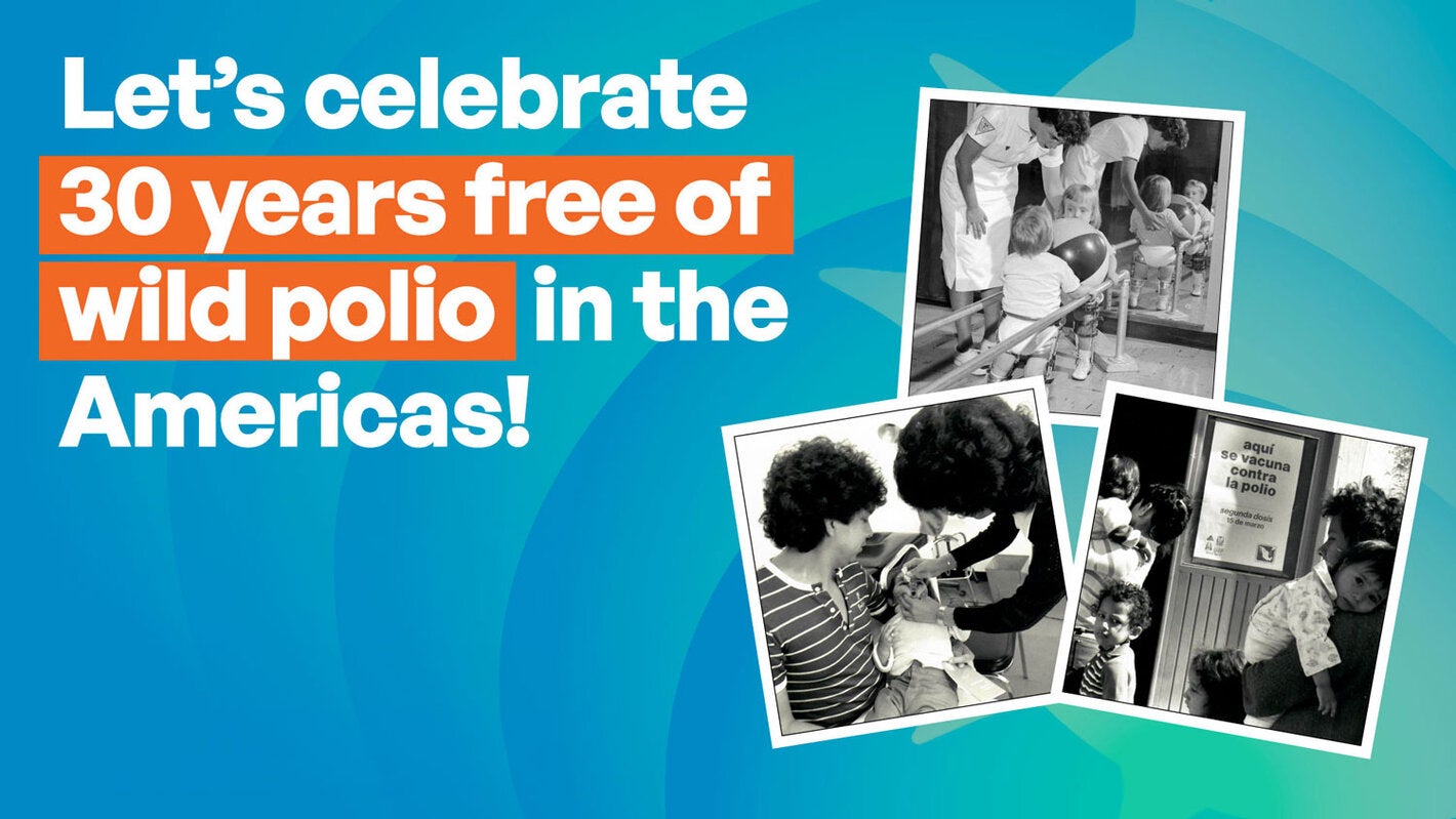 Graphic for the 30th year celebration of World Polio Day 2024. It has photos of children being vaccinated and in wearing braces and in physical therapy.