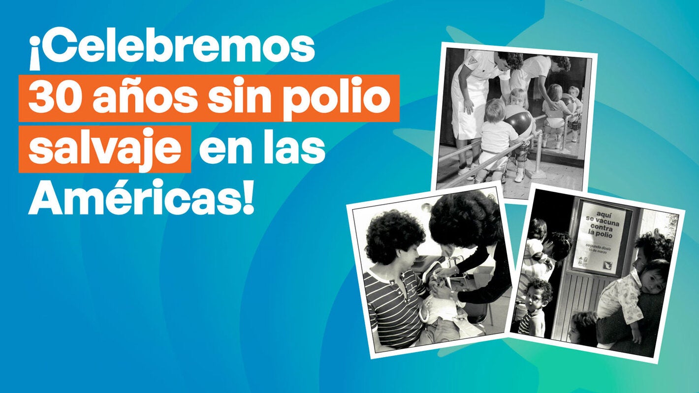 Gráfico para la celebración del 30.º aniversario del Día Mundial contra la Polio 2024. Contiene fotografías de niños vacunados, con aparatos ortopédicos y en fisioterapia.