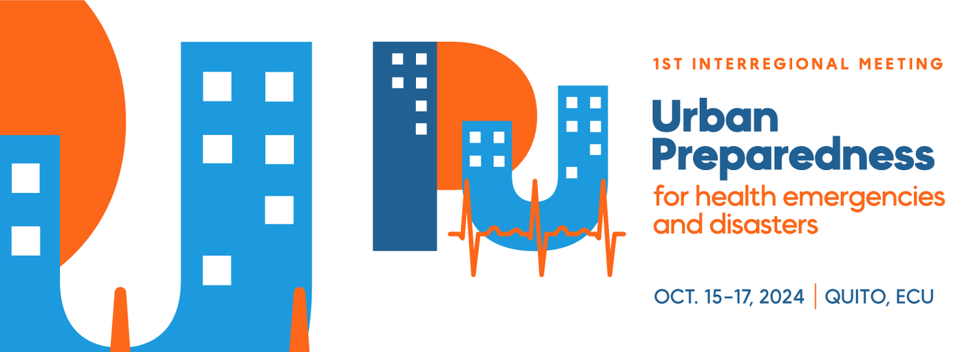 Banner: First interregional meeting on Strengthening Preparedness for Health Emergencies and Disasters in Cities and Urban Settings. Logo with letters PU resembling buildings