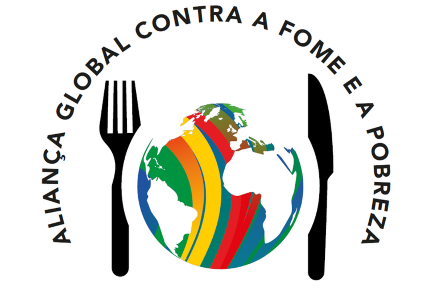 Logotipo de la Alianza Mundial contra el Hambre y la Pobreza. Un tenedor y un cuchillo rodean el globo terráqueo, que actúa como plato.