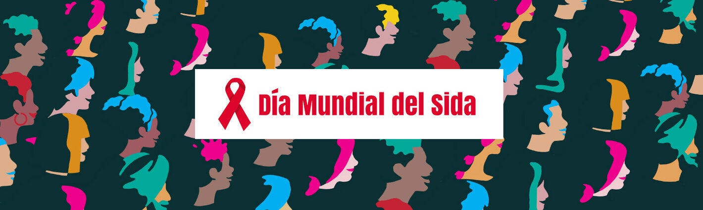 Banner del Dia Mundial del SIDA con ilustraciones de rostros