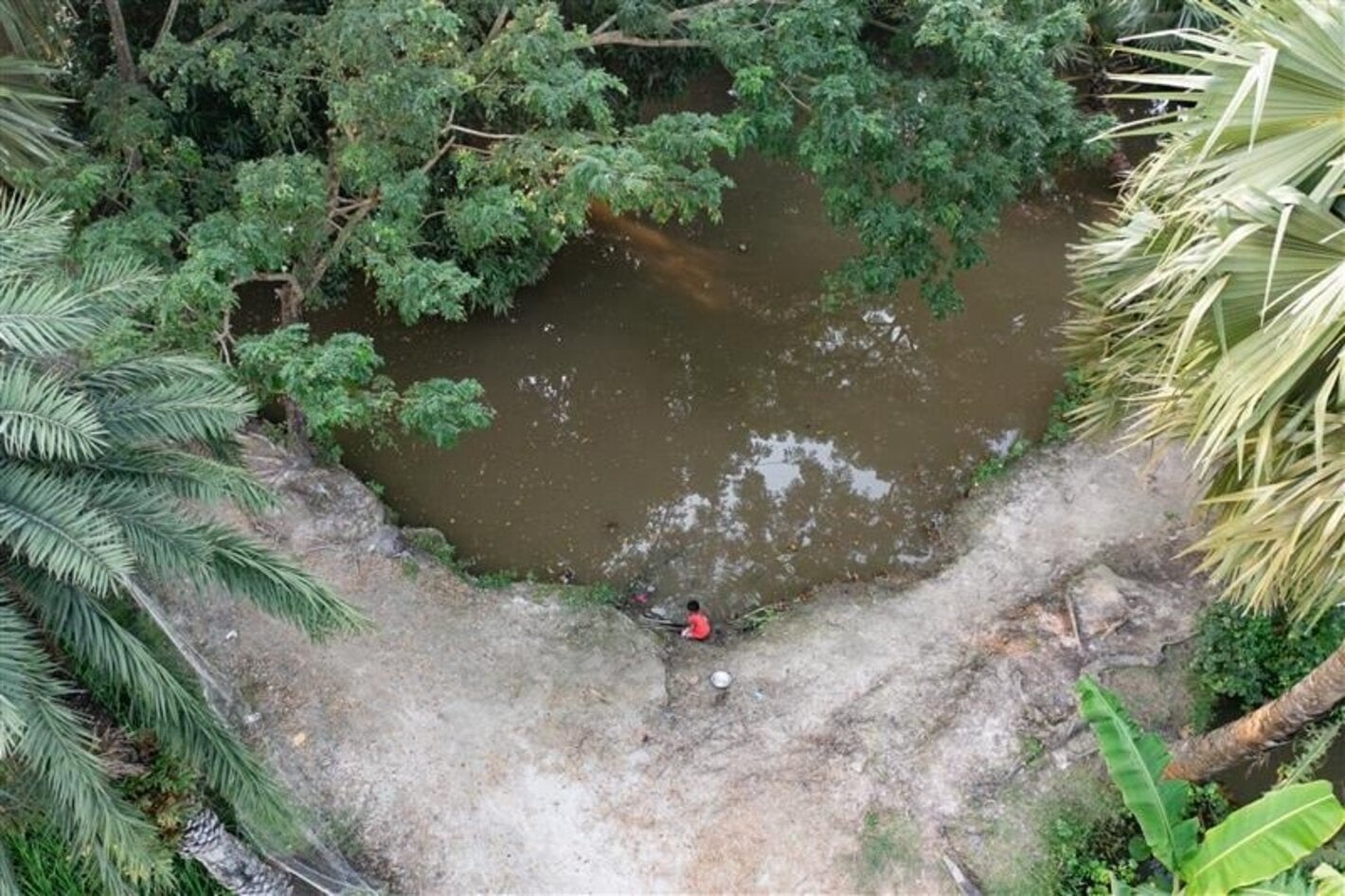 Child by pond