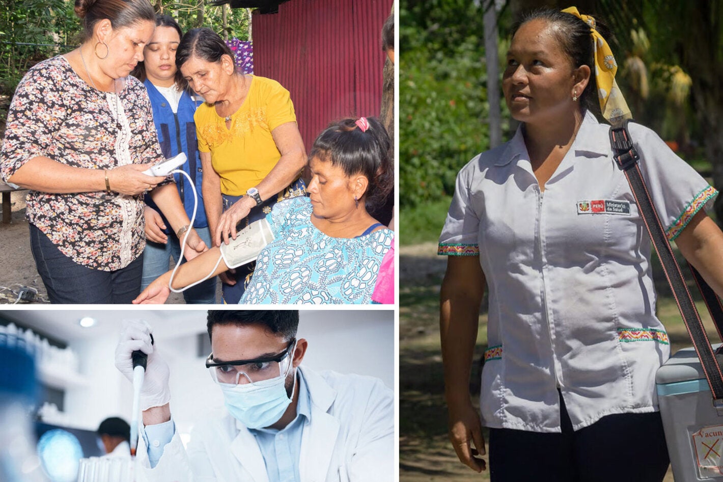 Mosaico con tres imágenes. Mujer embarazada midiéndose la presión, vacunadora y trabajador de salud en el laboratorio