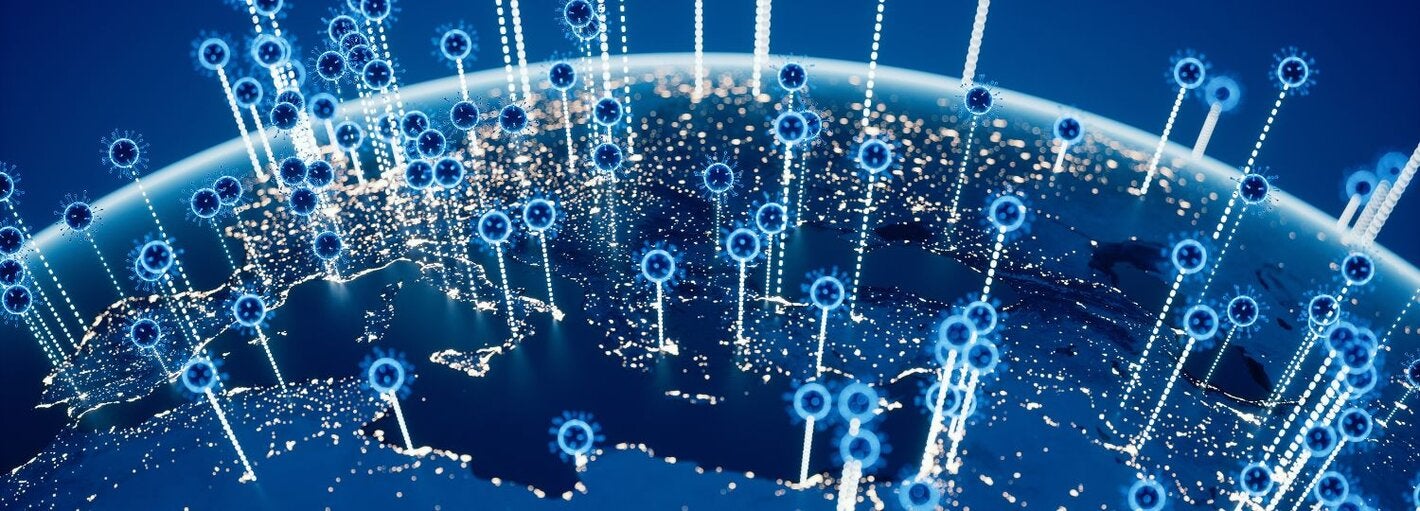 World map with location pointers with virus shapes