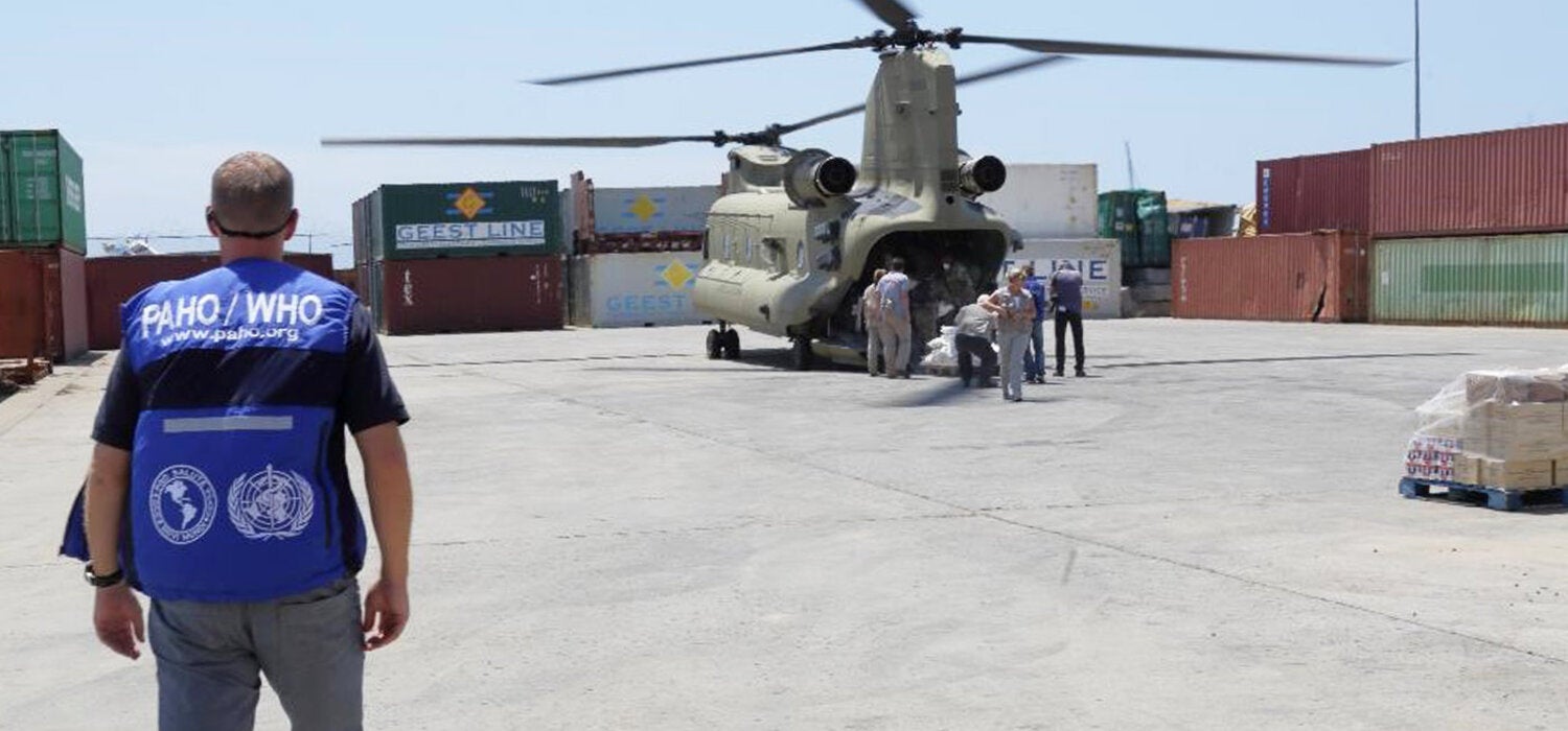 Helicopter landing (Relief efforts in Dominica following Hurricane Maria in 2017) (Photo credit: PAHO ECC Office)