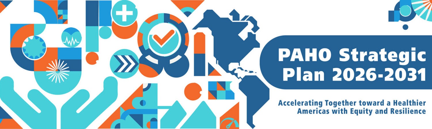 Banner of the PAHO Strategic Plan Strategic Plan with hands surrounded by a cross, map of Latin America and the Caribbean, etc.