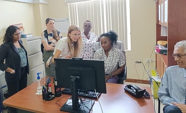 (L-R) Mr. Nuala Ramkissoon – Epidemiologist, Ministry of Health, International PAHO Consultants with the Infectious Hazards Management Unit, Dr. Pricilla Born and Dr. Lidia Redondo, staff of the Tobago Regional Health Authority and Mr. Karmesh Sharma - Epidemiologist, Ministry of Health at the site visit to the Scarborough General Hospital, Tobago